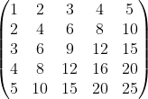 A 5 x 5 matrix of multiplication table numbers